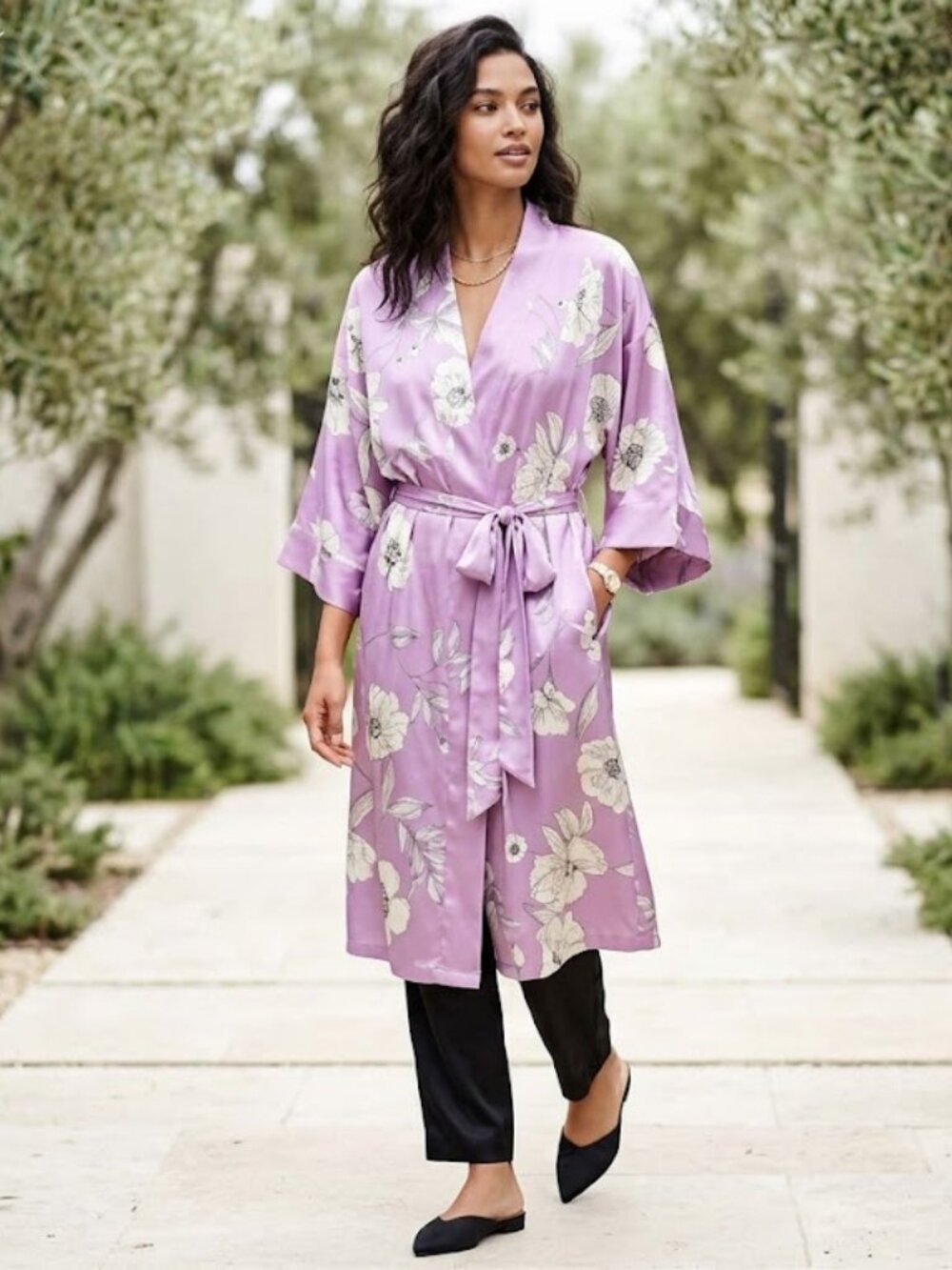 SATIN ROBE MIDI PURPLE FLORAL PRINT M/L